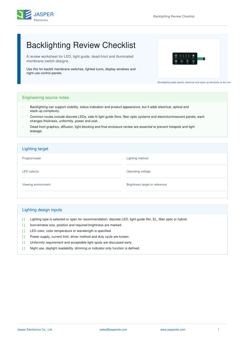 JASPER Hintergrundbeleuchtung Überprüfung Checkliste Abdeckung