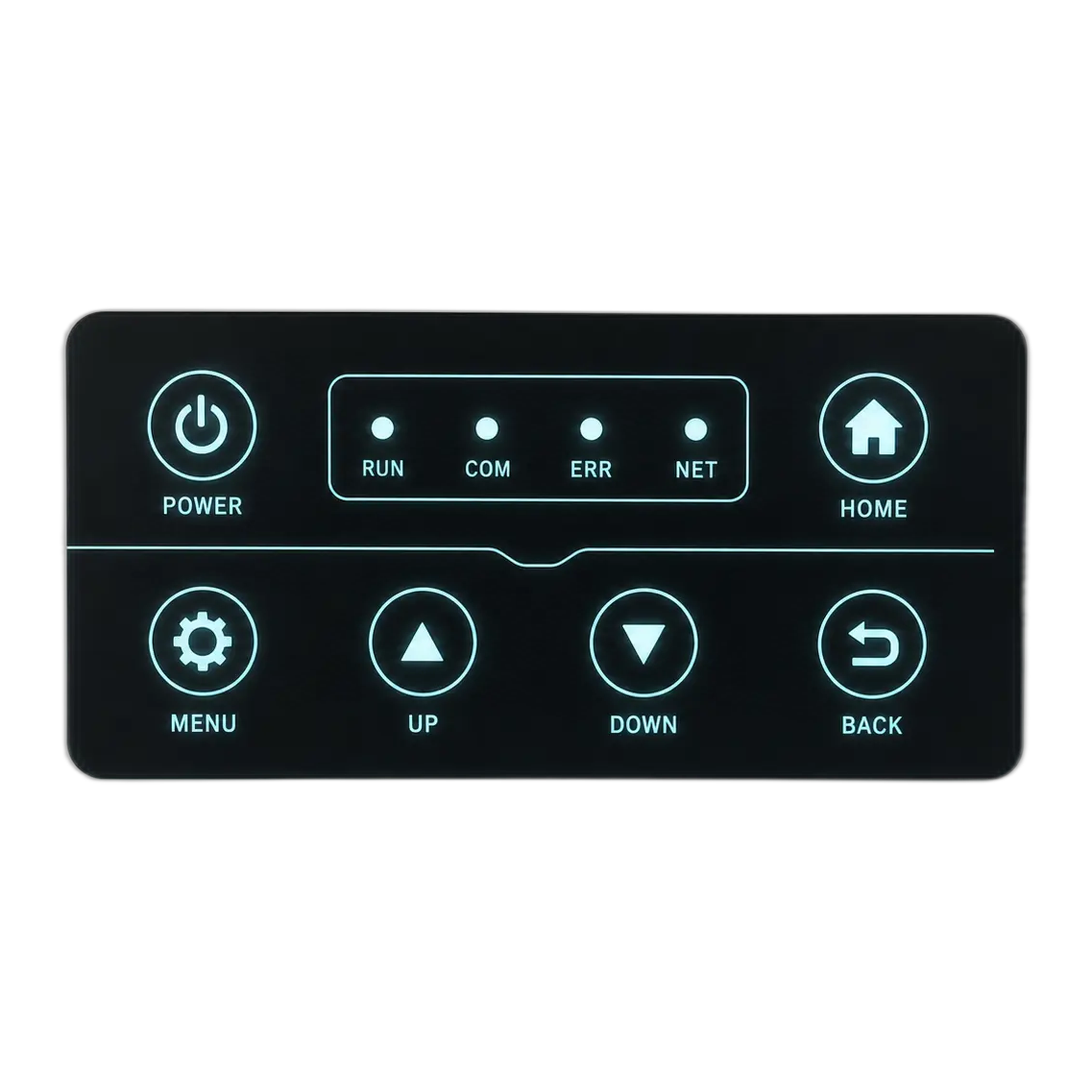 Beleuchtete schwarze Membran-Schalttafel mit cyan Legenden und flexible Schwanz