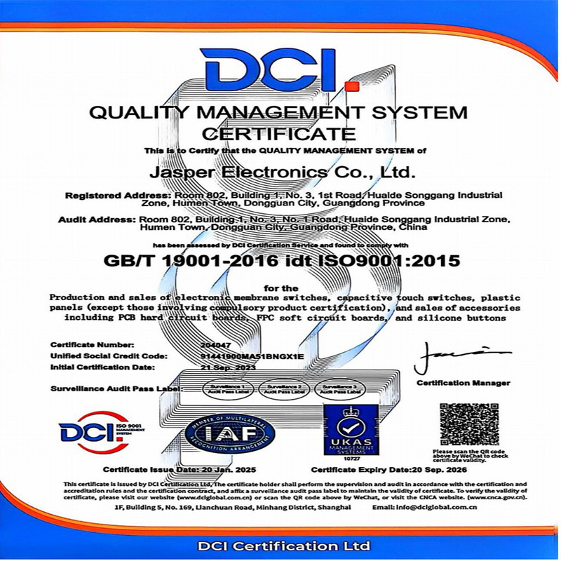 JASPER Electronics ISO 9001:2015 quality management system certificate