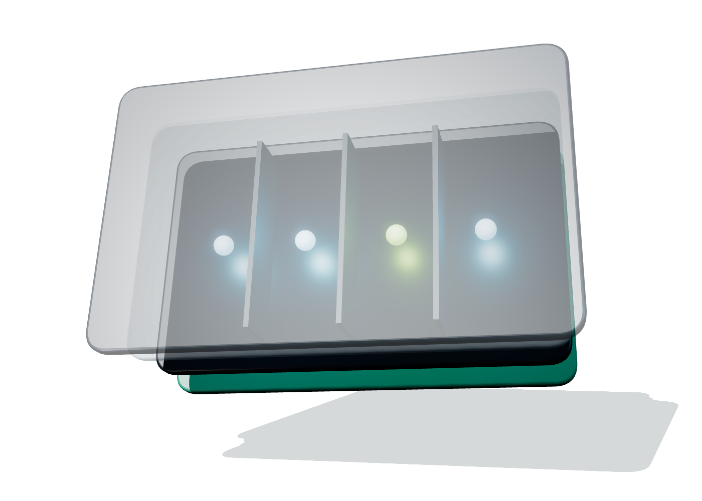 Transparenter, explodierter LED-Membranschalter optischer Stack mit vier beleuchteten Indikatoren und vertikalen Lichtisolationsbarrieren
