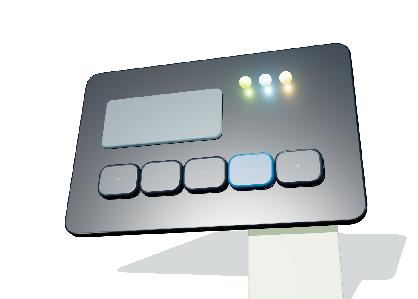 LED-Membranschalter mit fünf Funktionstasten, Anzeigefenster, drei beleuchteten Statusanzeigen, flexiblem Heck und Anschluss
