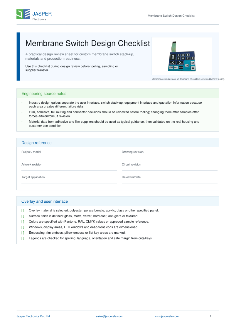 JASPER Membran Tastatur Design Checkliste Abdeckung