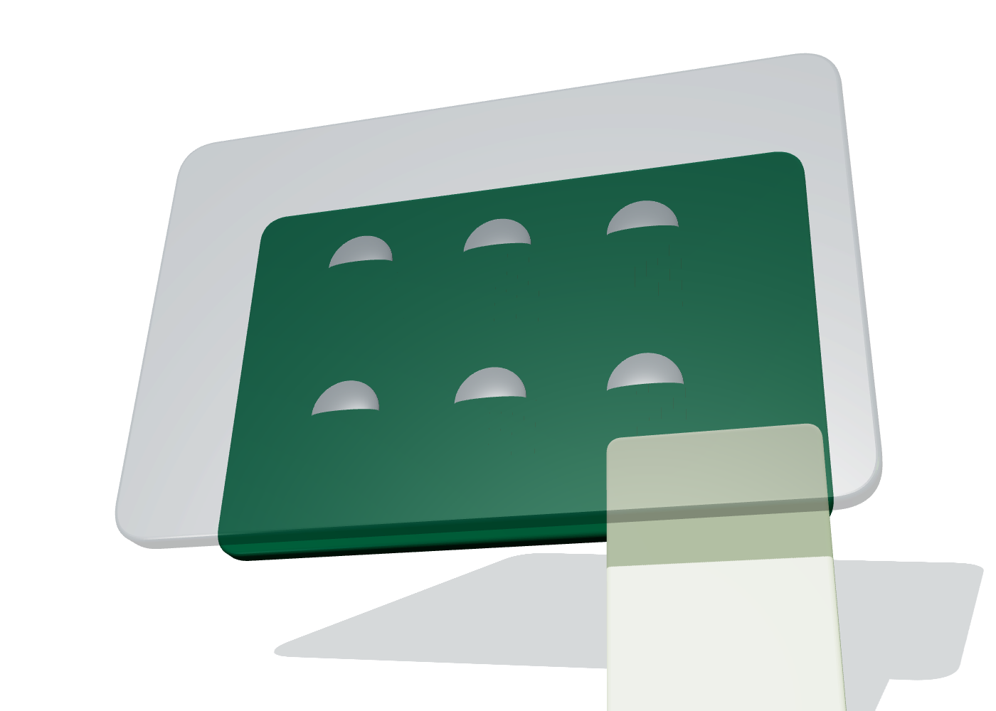 Metal dome membrane switch with transparent overlay, stainless steel snap domes, printed circuit contacts, flexible tail, and connector