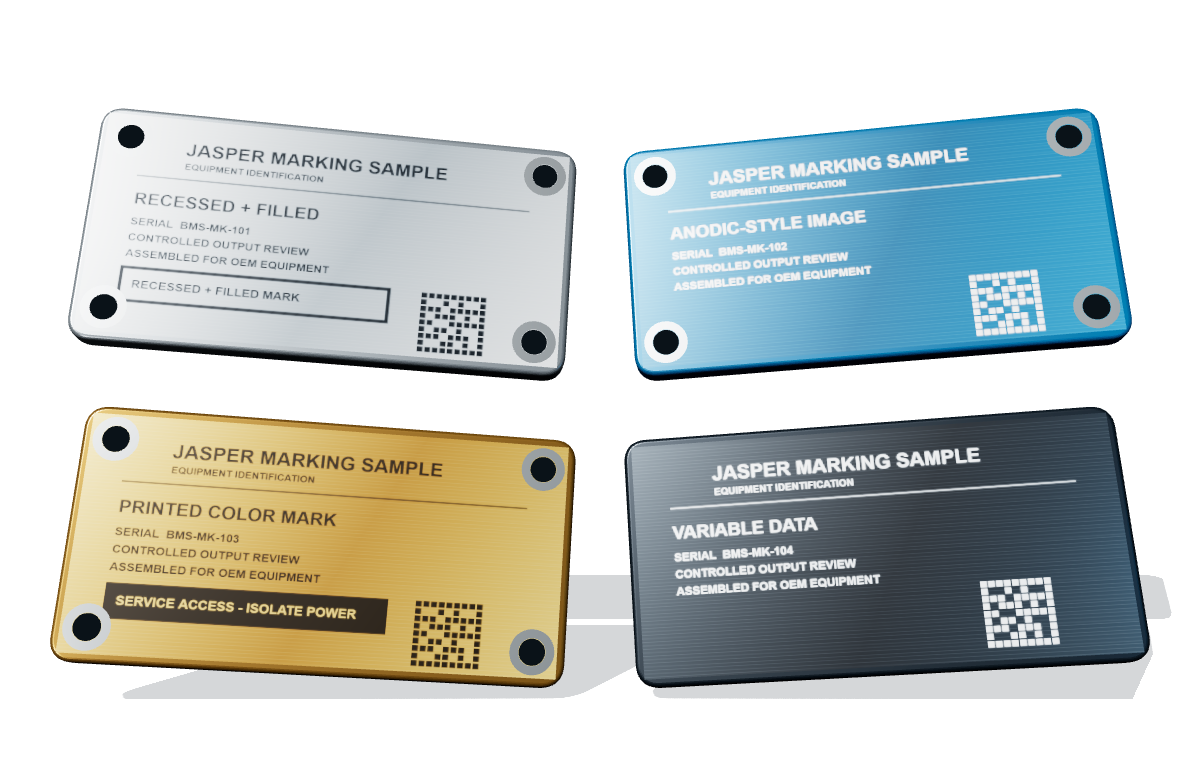 Cuatro muestras de metal ficticio que representan resultados de marcado de datos en hueco, estilo anódico, impresos y variables