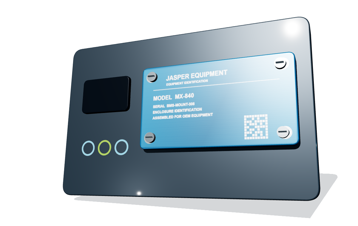 Placa de identificación de equipos metálicos Fictional JASPER montada en un recinto industrial oscuro con cuatro sujetadores