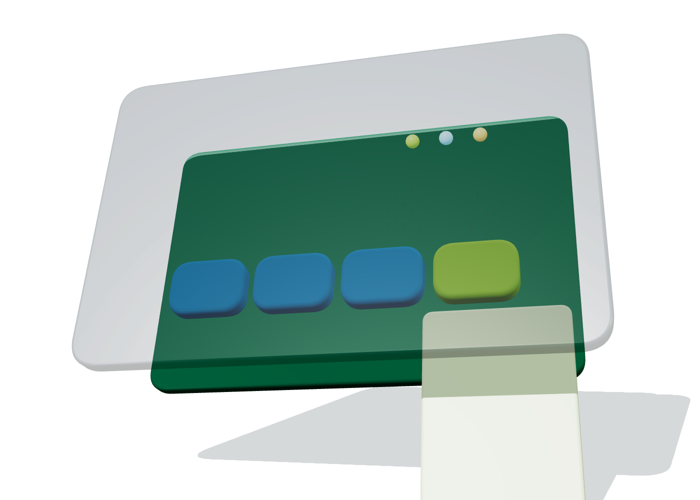 Exploded PCB and FPC membrane switch with printed overlay, key zones, circuit board, flexible tail, and connector